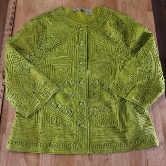 Joni B. Vintage Green Piped Button Front Long Sleeve Embellished 19" P2P - Picture 1 of 13